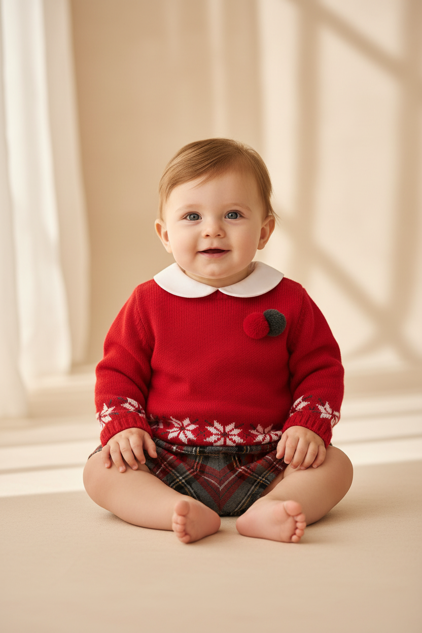 Baby boy in red fair isle knit and tartan bloomers