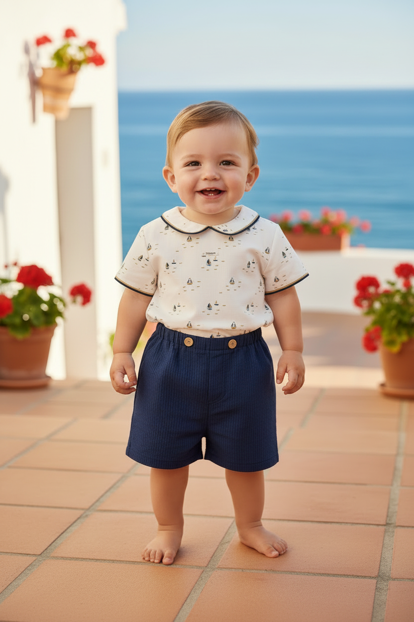 FOQUE Nautical Boys Navy & Cream Linen Short Set