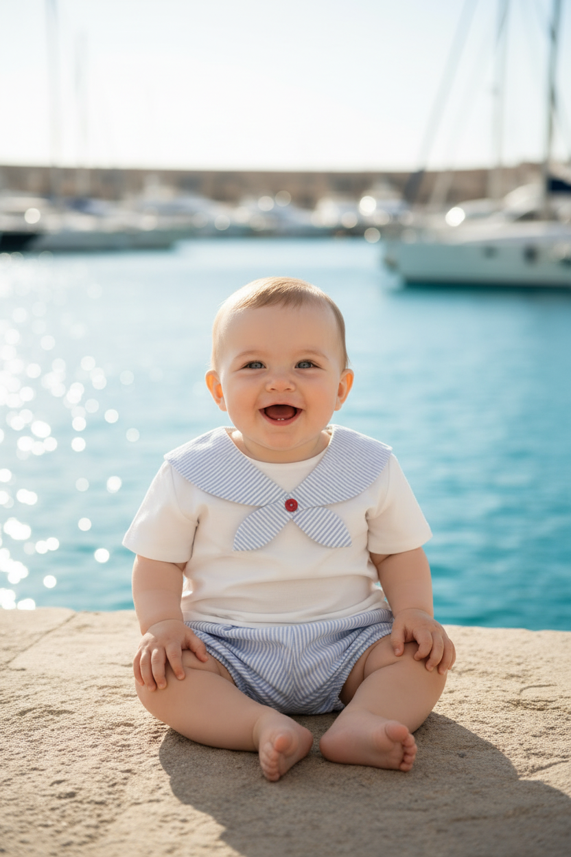 Baby boy in sailor outfit at sunny marina