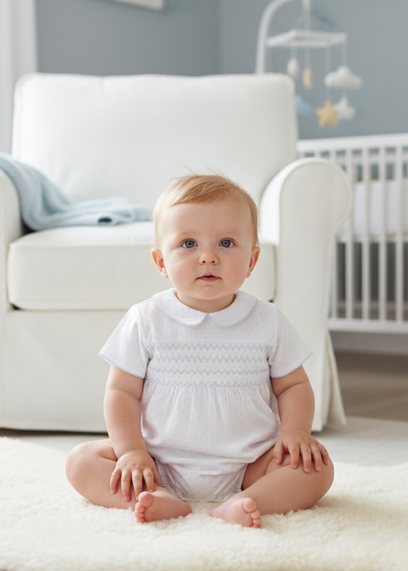 Deolinda Confetti boys blue and white smocked romper 26702 - lifestyle view