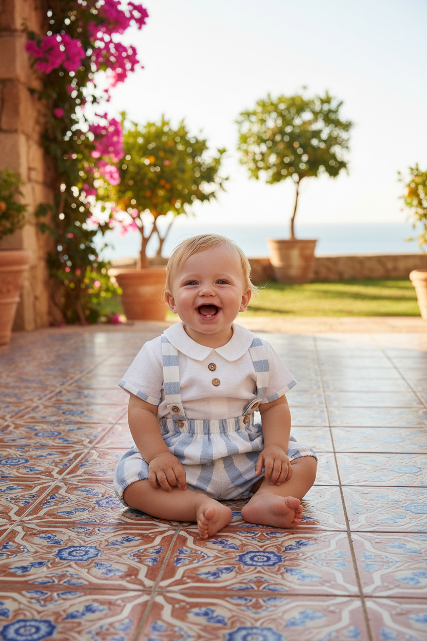 Baby boy in white shirt and stripe braces bloomer set in sunny setting