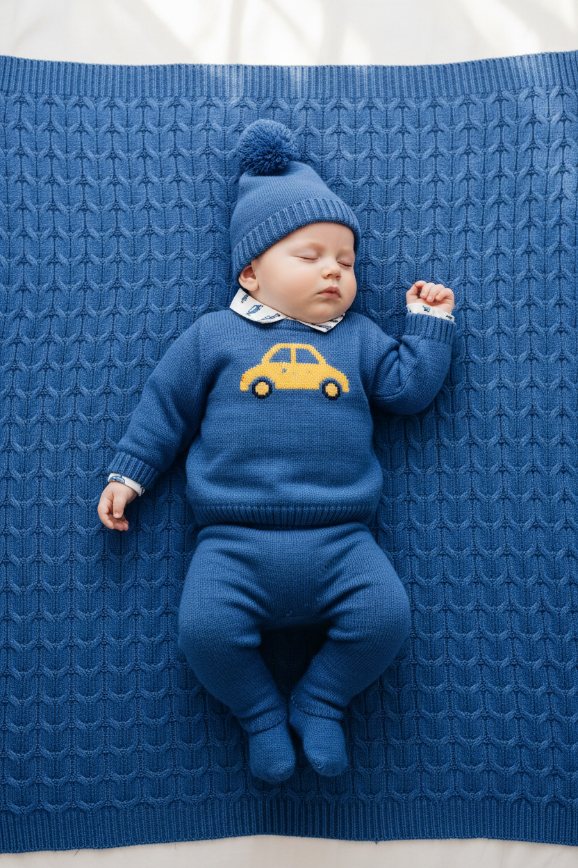 Baby boy lying on blue knit blanket in car outfit