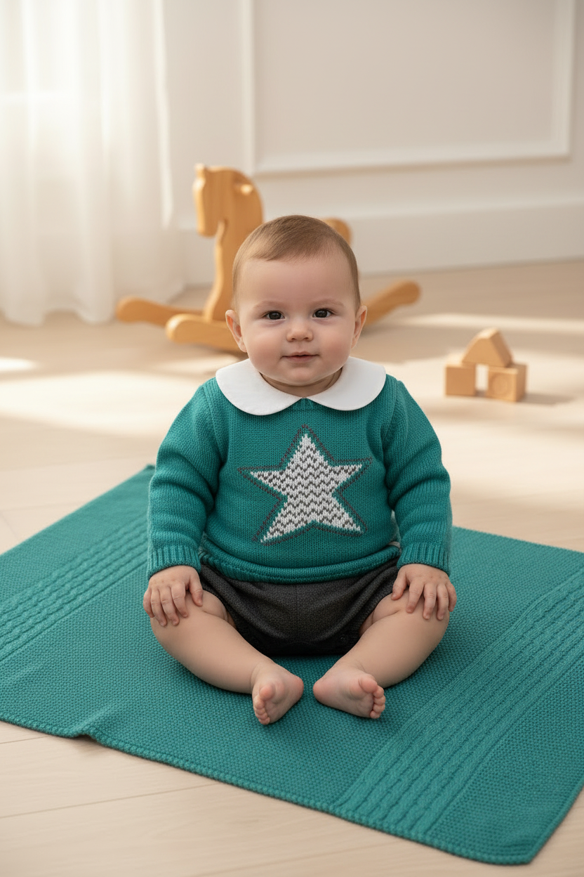 Baby boy sitting in teal star knit outfit