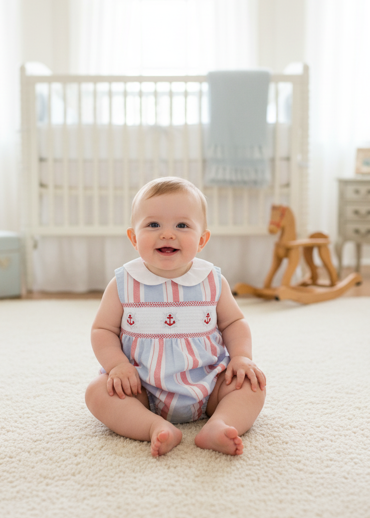 Baby boy wearing nautical striped romper in elegant setting