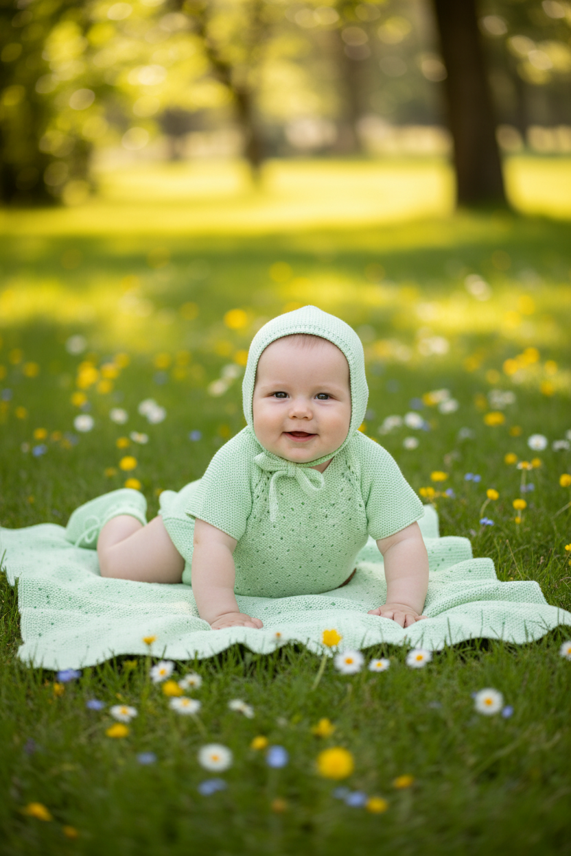 Baby boy wearing sage green knit outfit with bonnet on head in summer scene