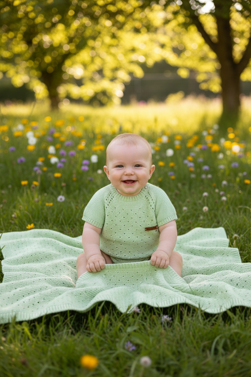 Baby boy wearing sage green knit romper with blanket in summer scene
