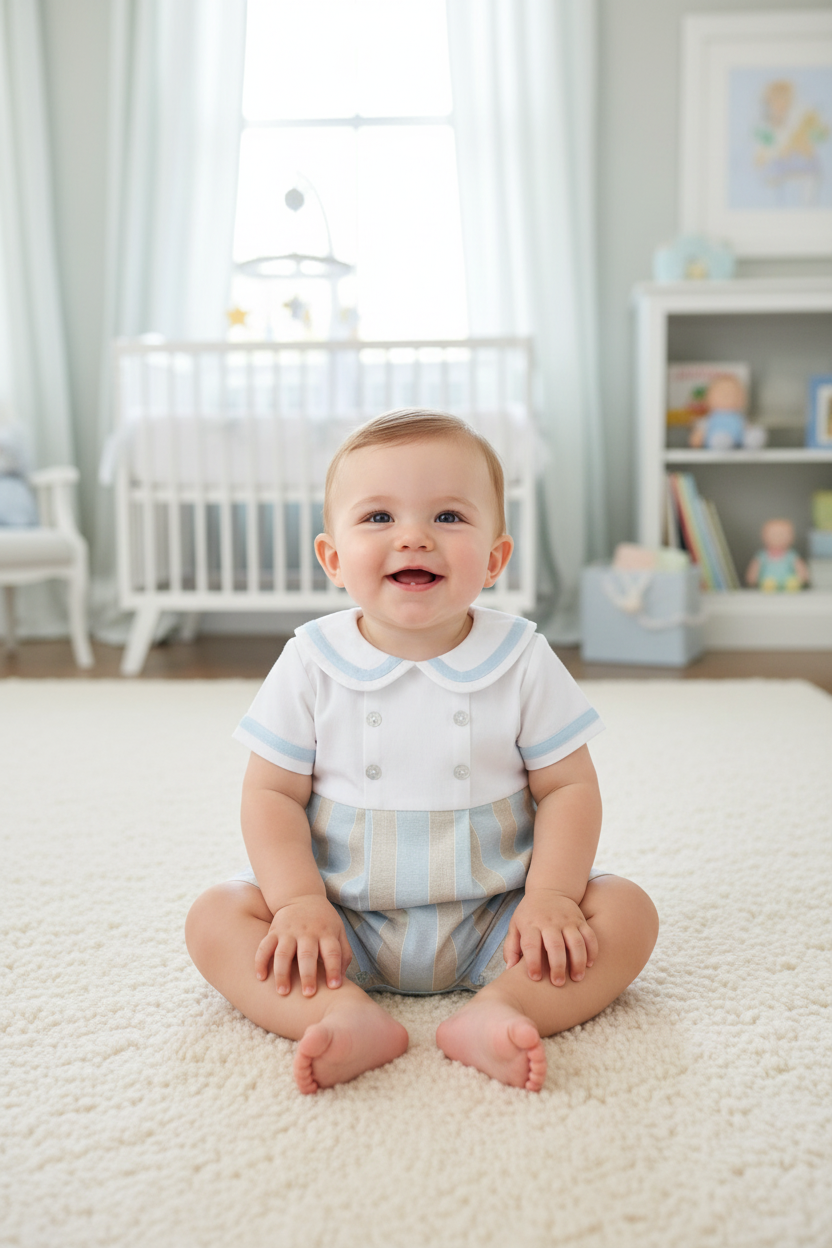 Baby boy wearing white and striped romper without blanket