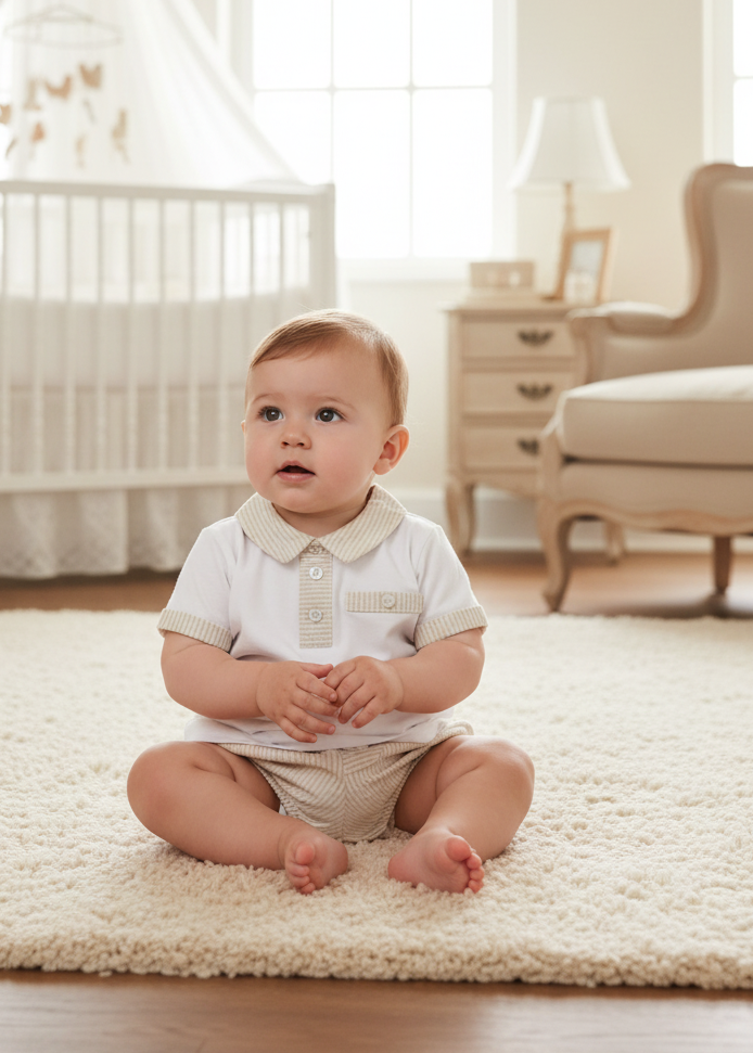 Baby boy wearing white polo with beige striped bloomers in elegant setting