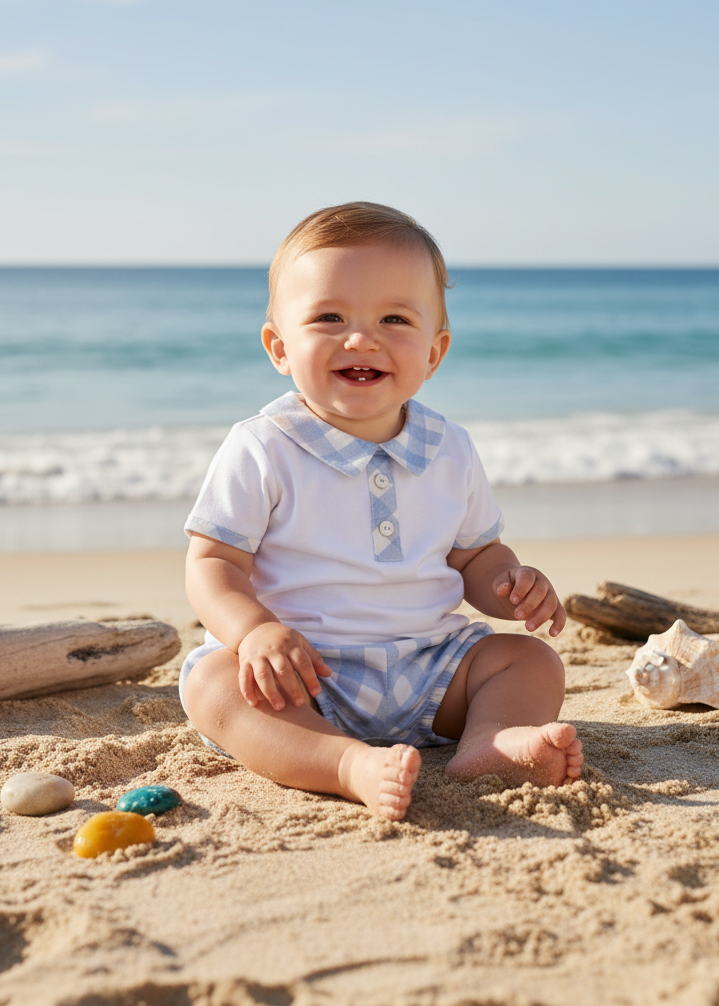 Baby boy wearing white top with gingham bloomers at seaside