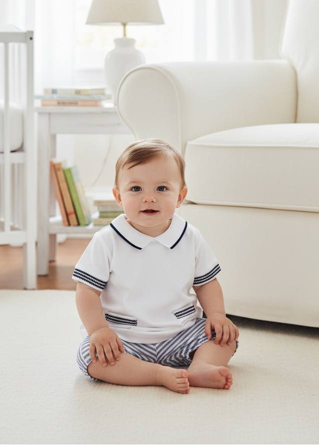 Baby boy wearing white top with navy trim and striped shorts in elegant setting