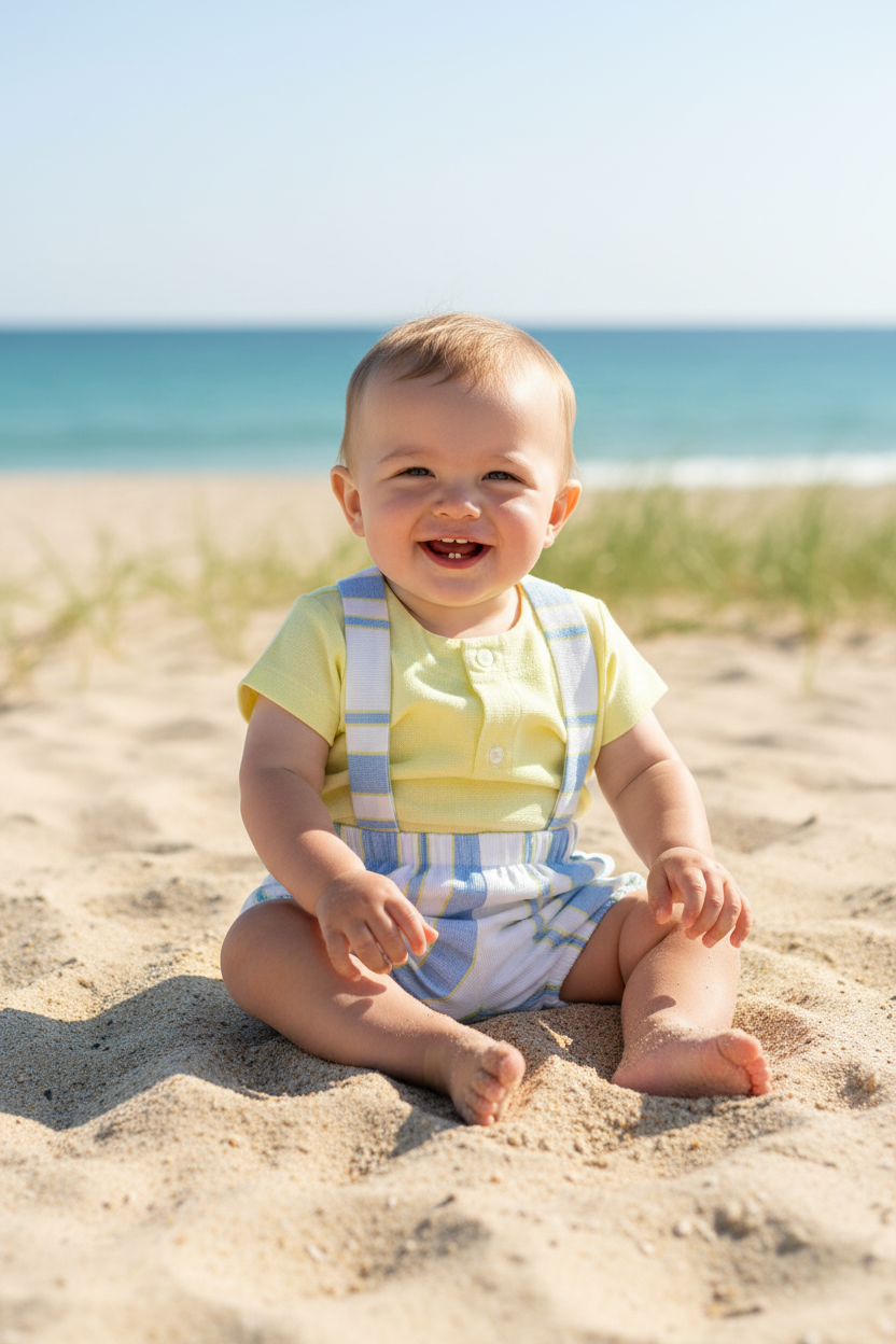 Baby boy wearing yellow shirt with striped shorts in beach scene
