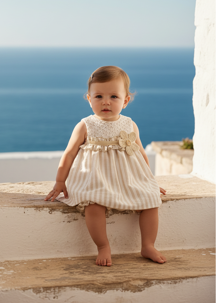 Basmarti Baby Girls Beige Rayas Dress & Knickers