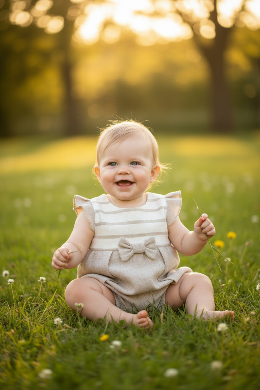 Baby girl in beige & cream linen romper with higher leg cut, sunny outdoor setting