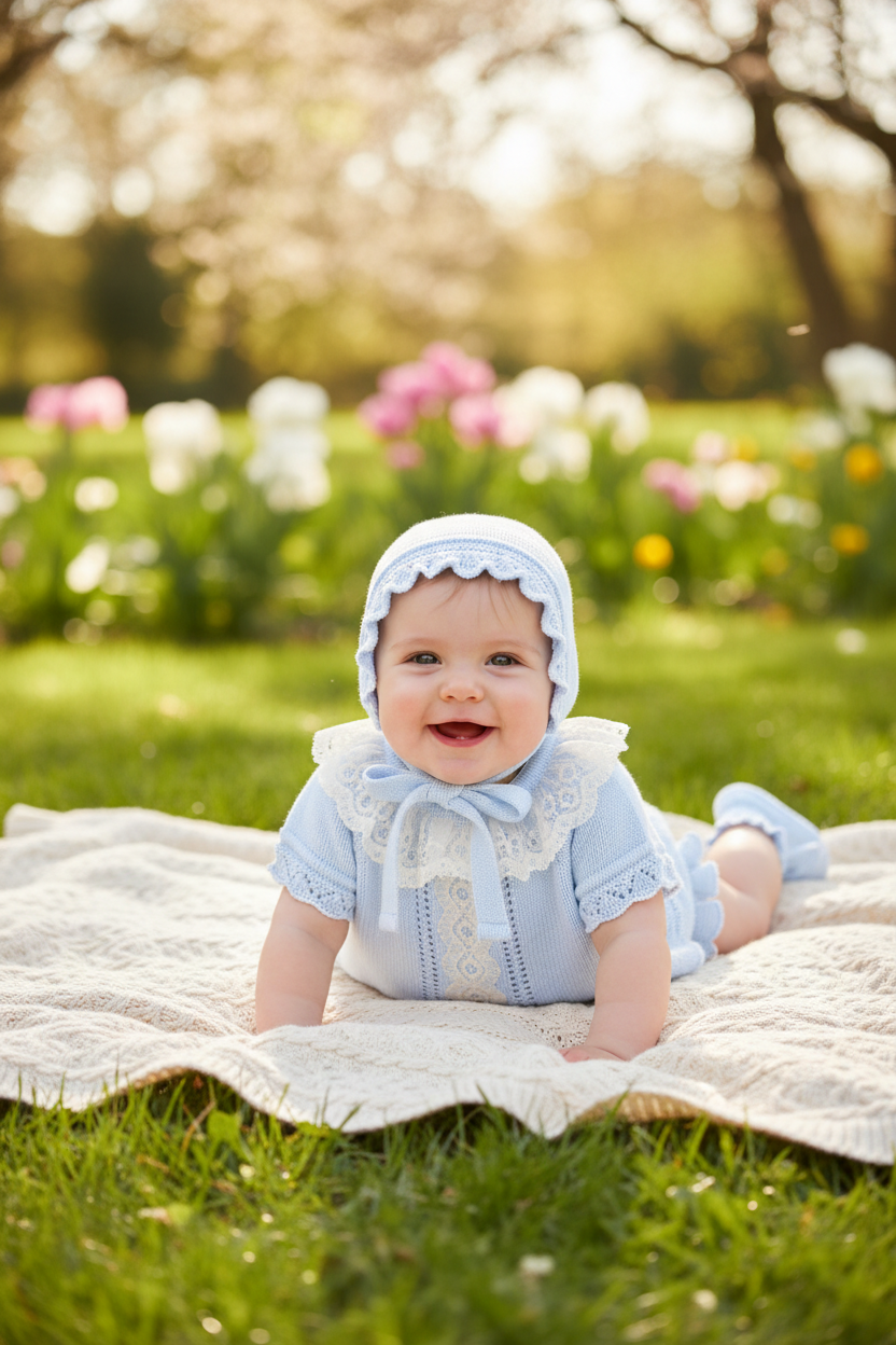 Baby girl in blue eyelet outfit with bonnet in spring scene
