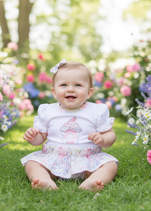 Baby girl in castle outfit in flower garden