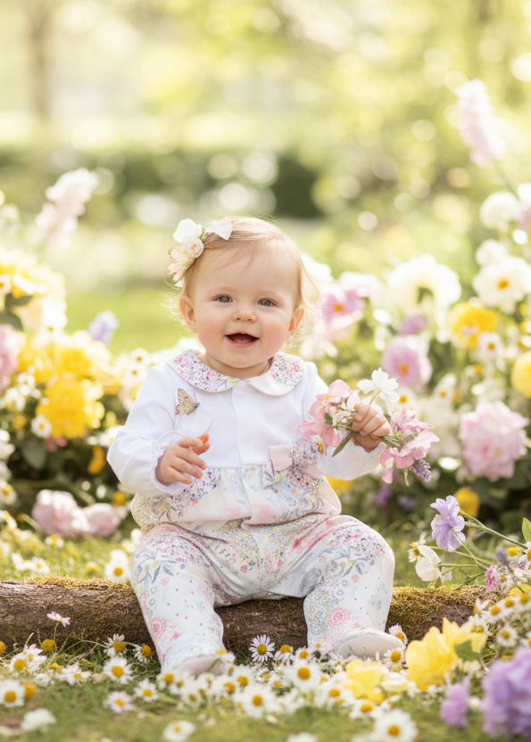Baby girl in floral babygrow in flower garden