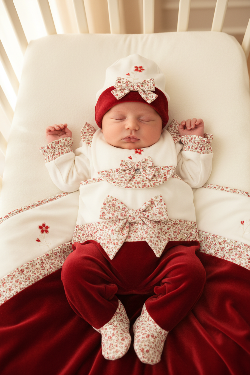 Baby Girl in Full Deolinda Set - Babygrow, Hat, Bib & Blanket