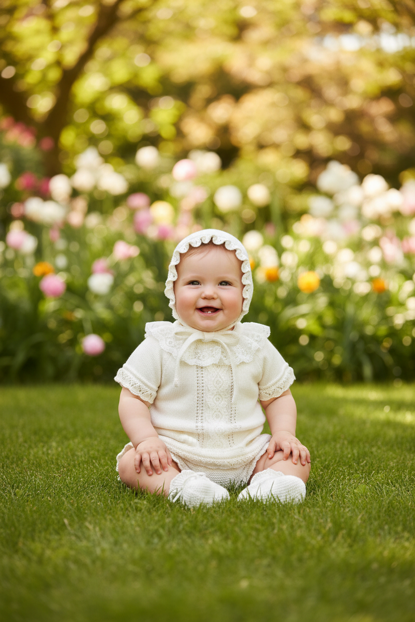 Baby girl in ivory eyelet outfit with bonnet in spring scene