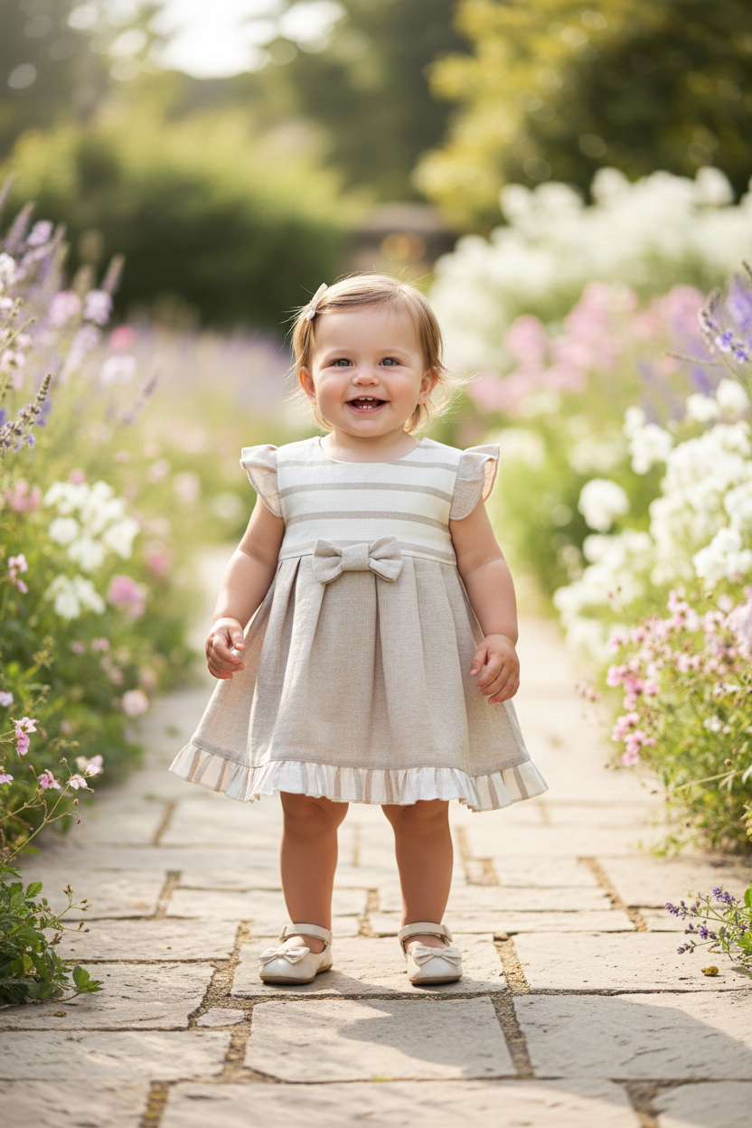 Baby girl in linen dress full length
