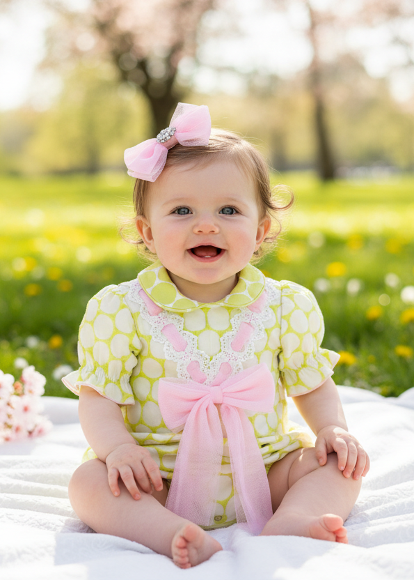 Baby girl in Naxos lime and pink romper with hair bow