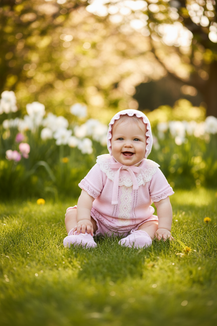 Baby girl in pink eyelet outfit with bonnet in spring scene