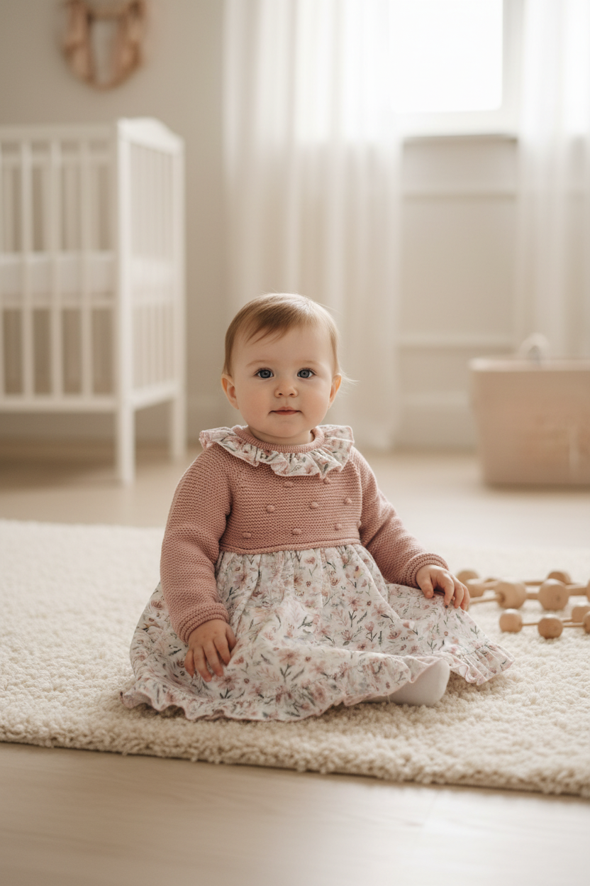 Baby girl in pink knit and floral dress