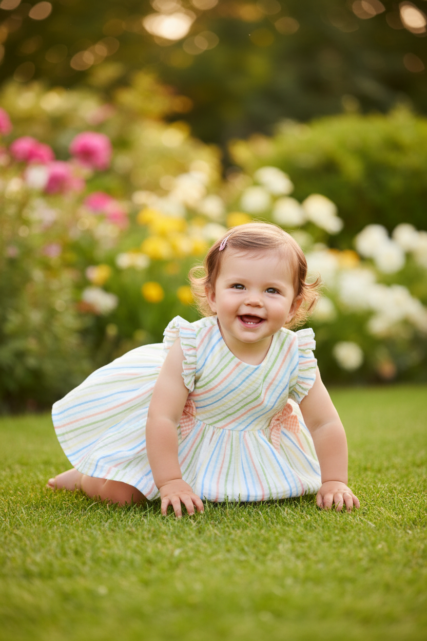 Baby girl in striped dress with emphasis on dress details in summer scene