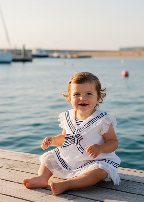 Baby girl in white and navy sailor dress by the beach