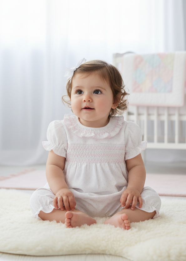 Deolinda Confetti girls pink and white romper 26714 - lifestyle view