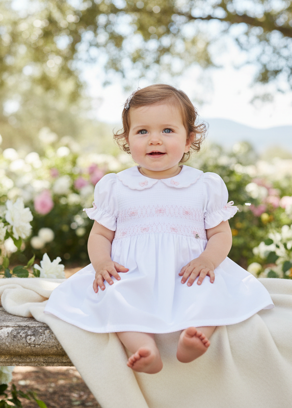 Baby Girl in White Smocked Dress