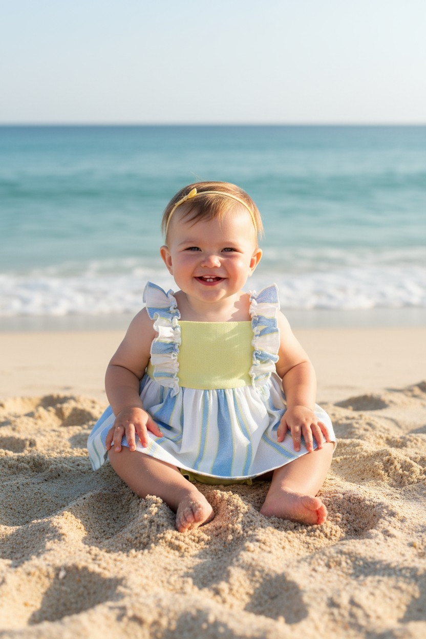 Baby girl sitting on beach wearing yellow and striped dress with bloomers