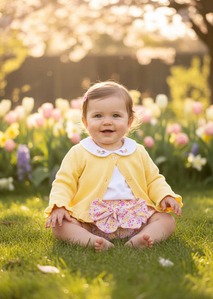 Baby girl wearing Mayoral Sunny Pink and Lemon Jam Pant Set with cardigan 1287