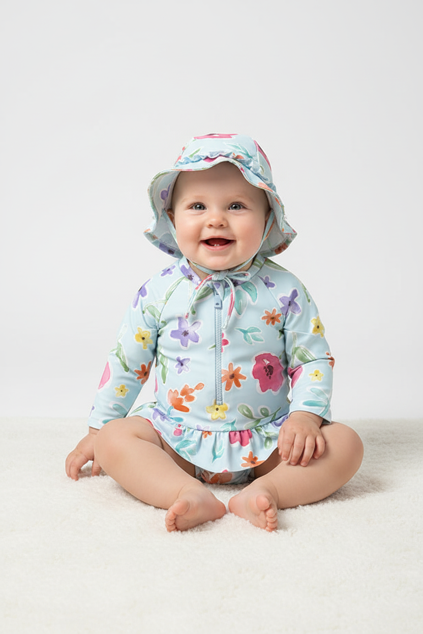 Baby girl wearing floral swimsuit with sun hat