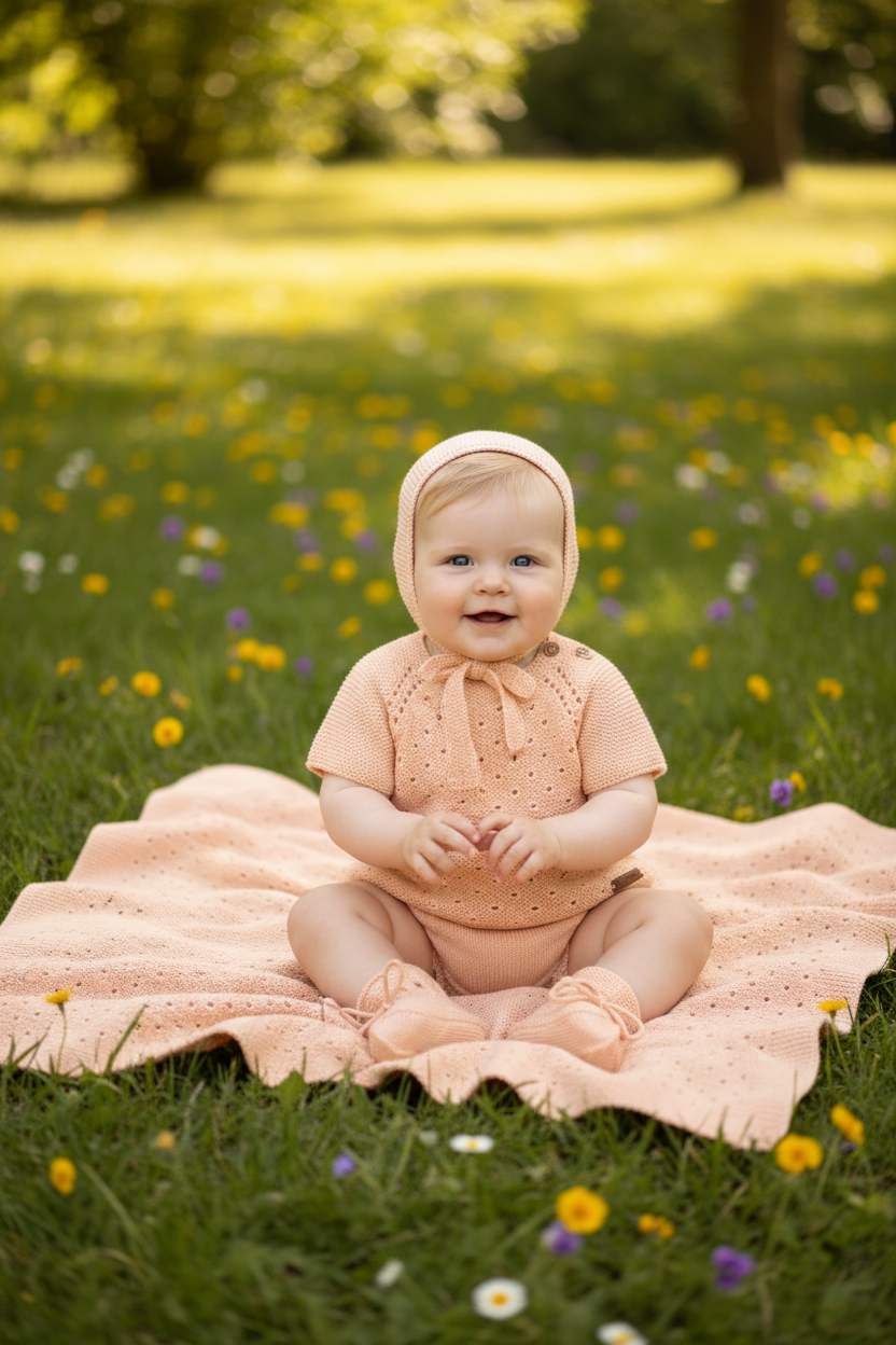 Baby girl wearing peach knit outfit with blanket in summer scene