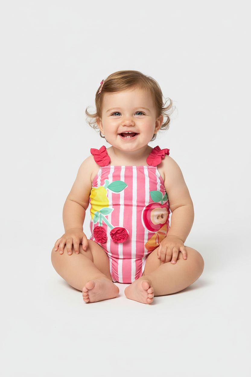 Girl wearing Mayoral Hibiscus pink fruit print swimsuit 1755