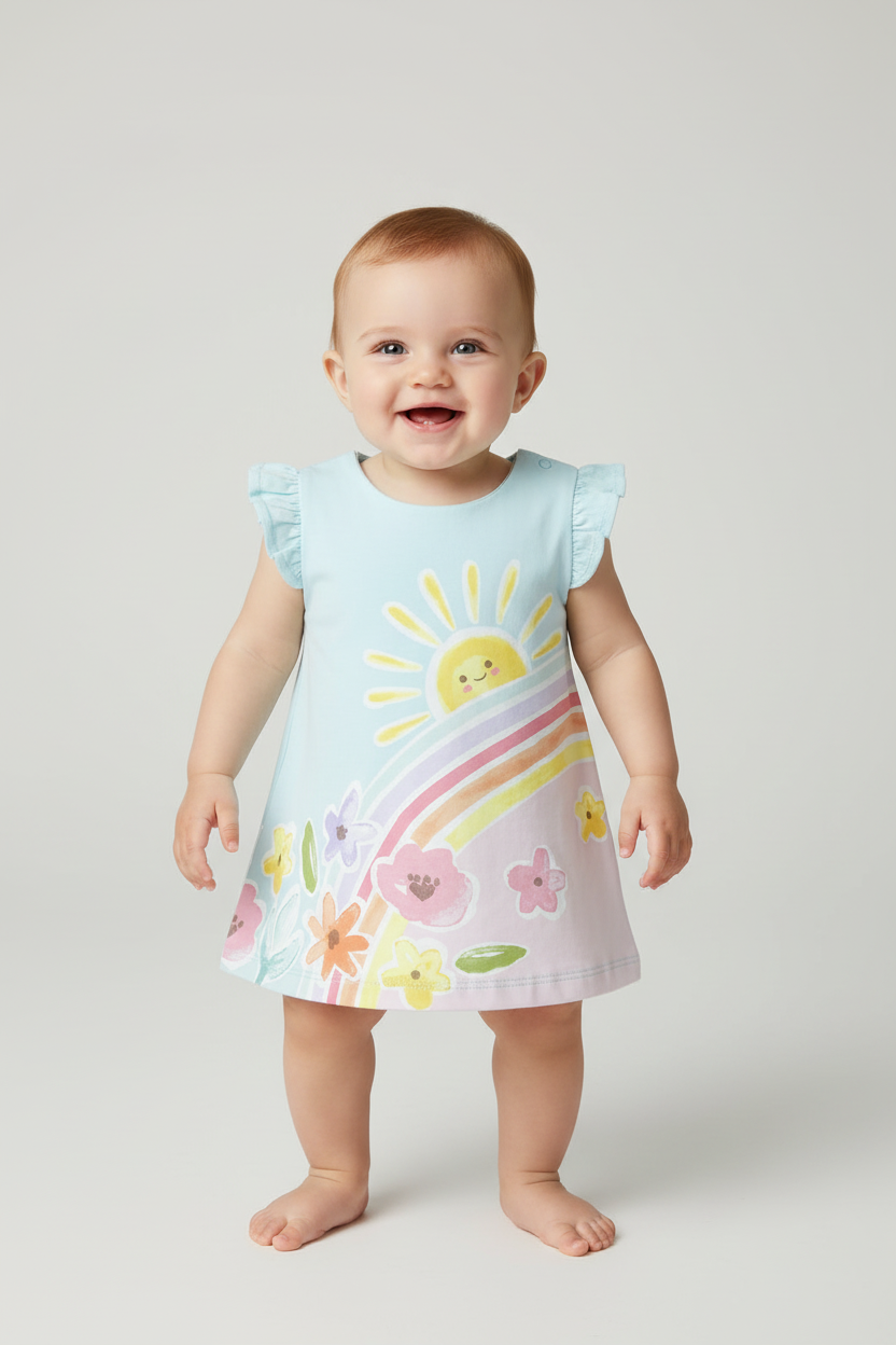 Baby girl wearing rainbow and sunshine dress
