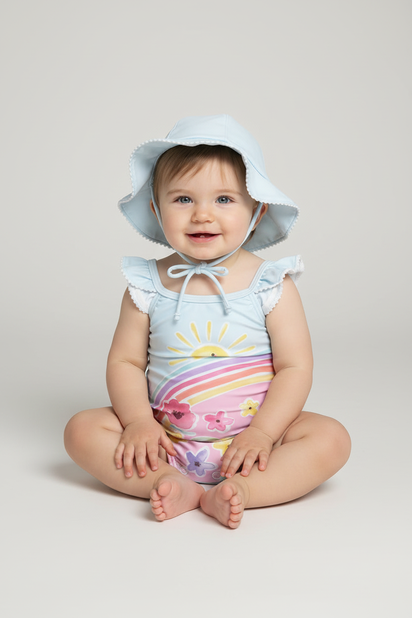 Baby girl wearing rainbow swimsuit with sun hat