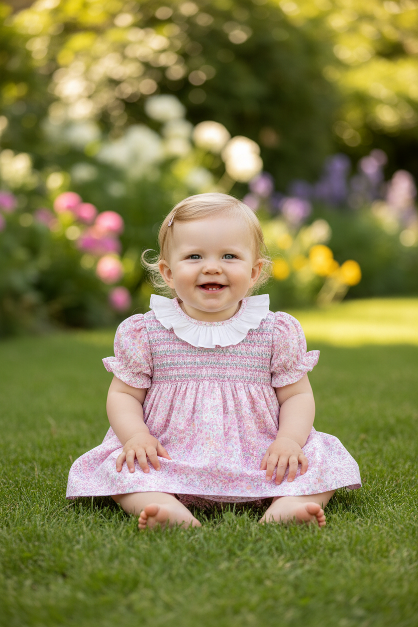 Mac Ilusión Viviana Girls Strawberry Pink Floral Smocked Dress & Knickers - 0123