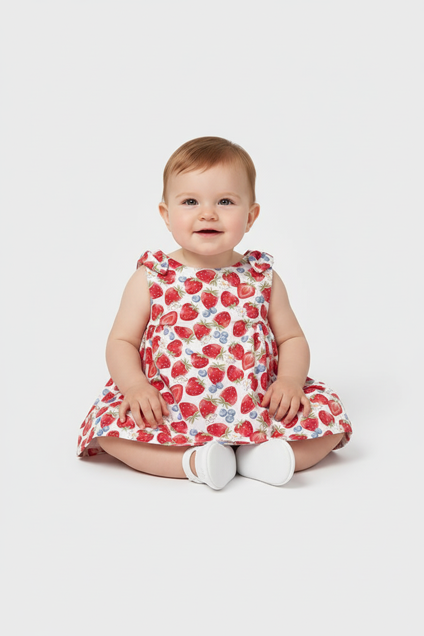 Baby girl wearing shorter strawberry print dress
