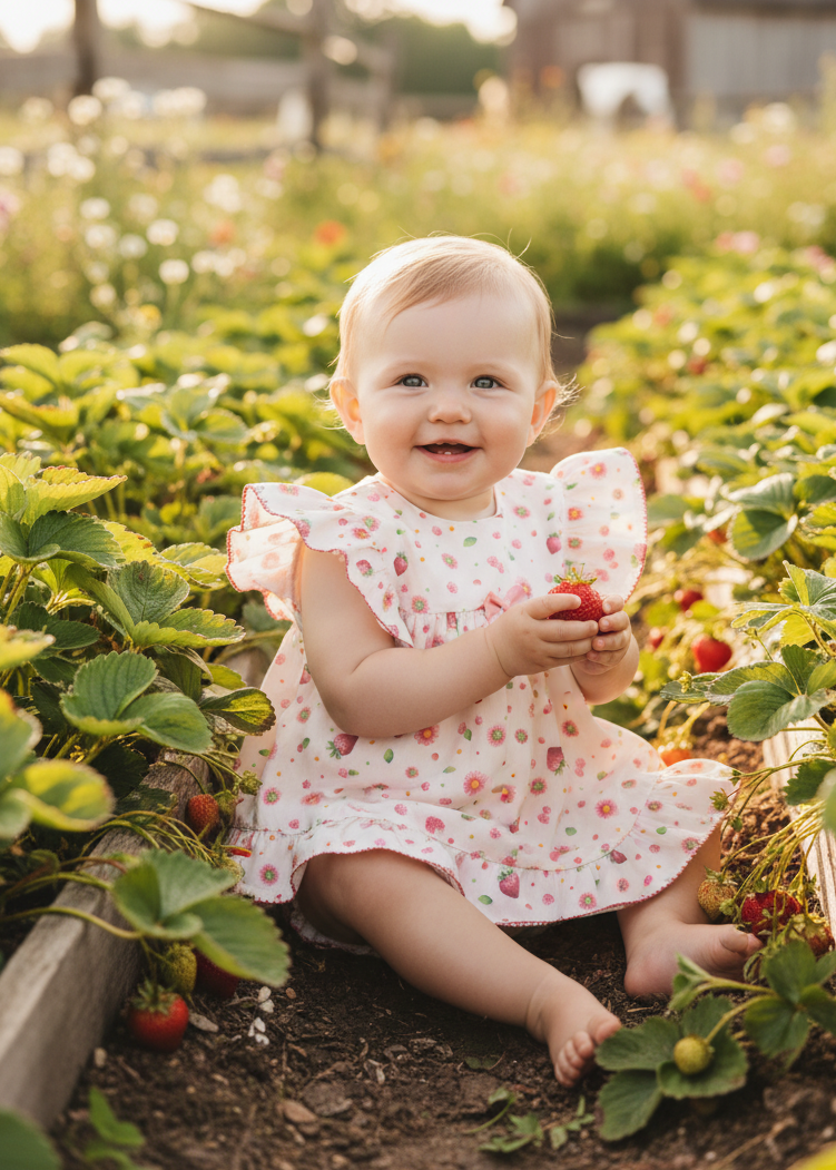 Baby girl wearing strawberry print dress and bloomers in strawberry-themed setting
