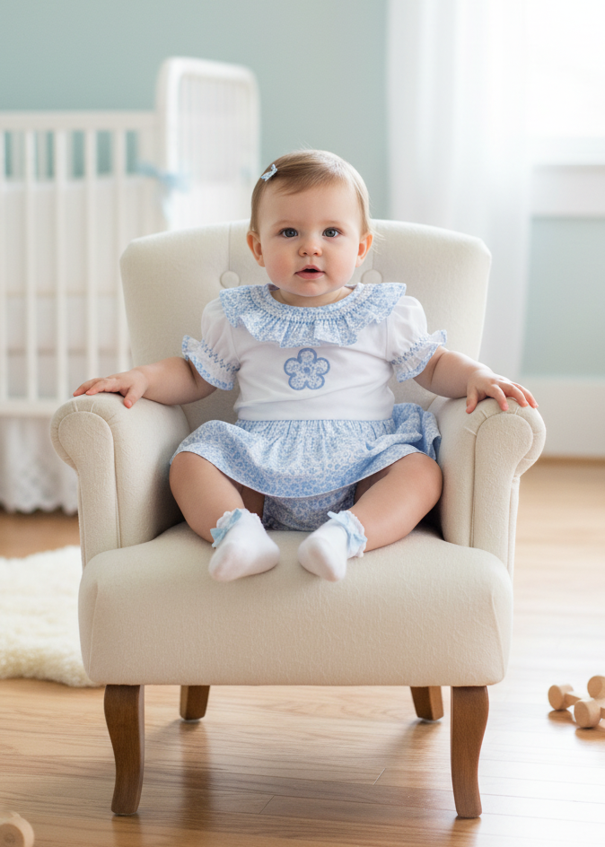 Baby girl wearing white and blue polka dot outfit in elegant setting