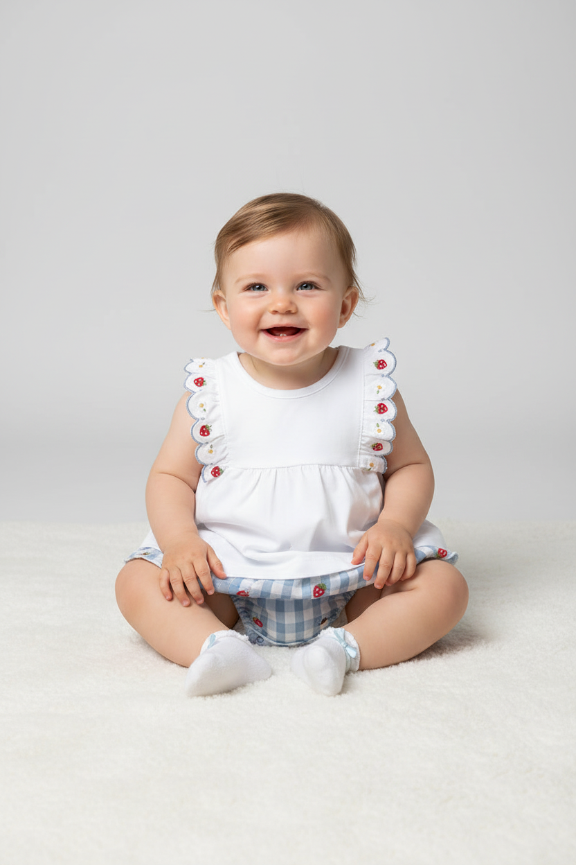 Baby girl wearing white strawberry top with gingham bloomers