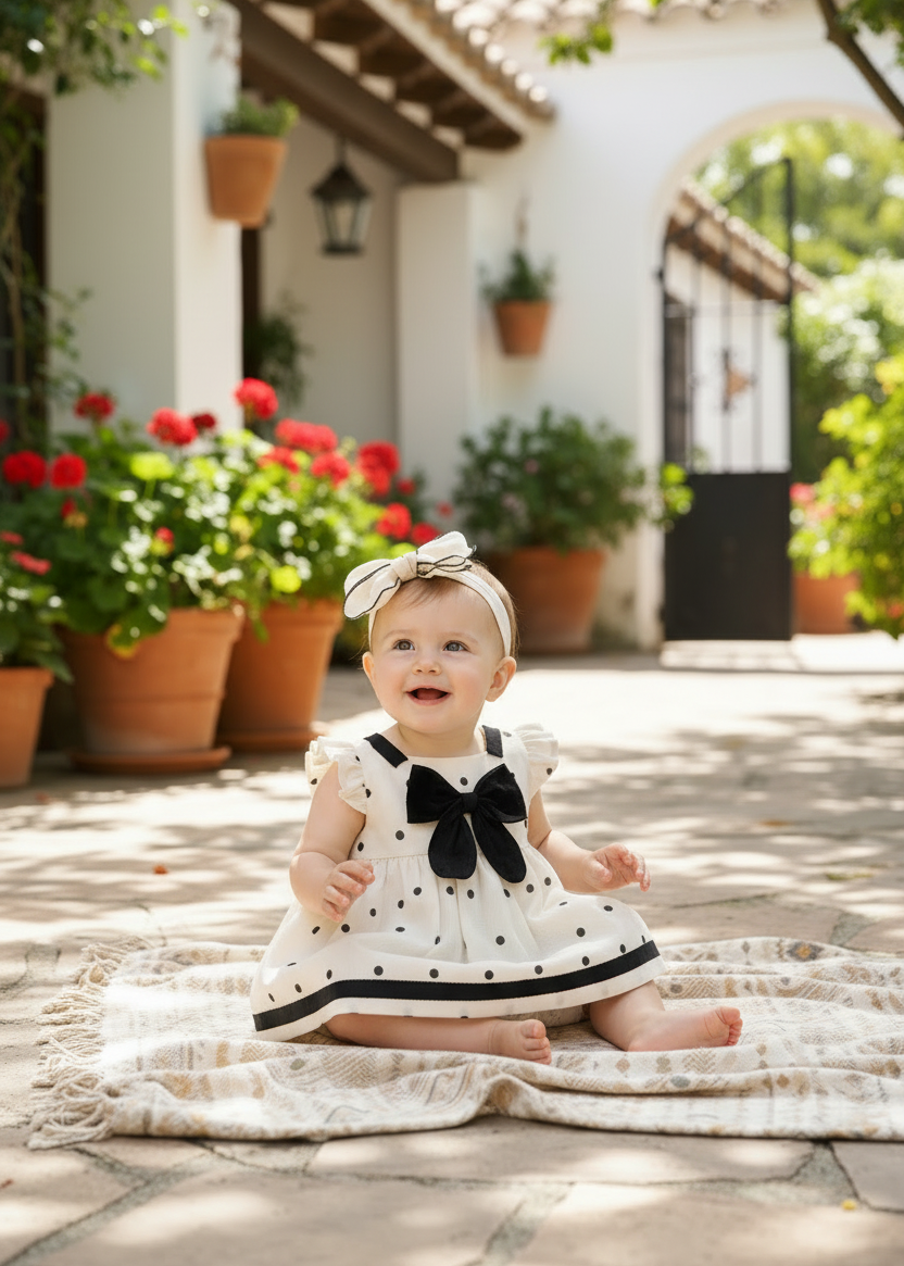 Baby in cream polka dot dress with plain straps