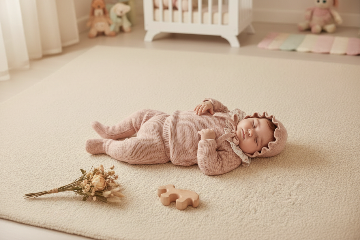 Baby in pink knit set in styled nursery