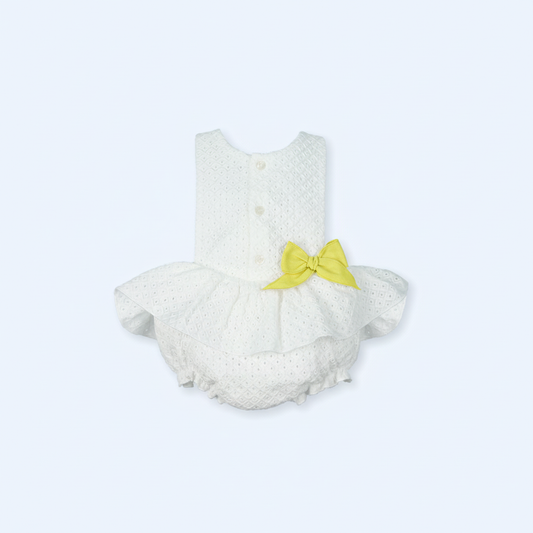 Mac Ilusión Perforado Girls White Romper with Lemon Bow