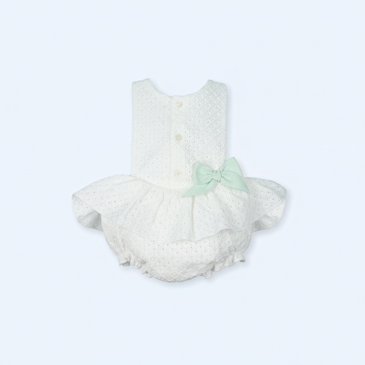 Mac Ilusión Perforado Girls White Romper with Mint Green Bow