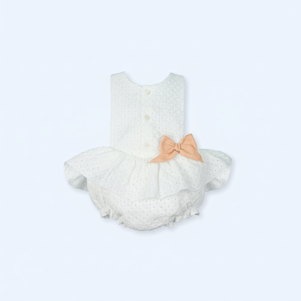 Mac Ilusión Perforado Girls White Romper with Peach Bow
