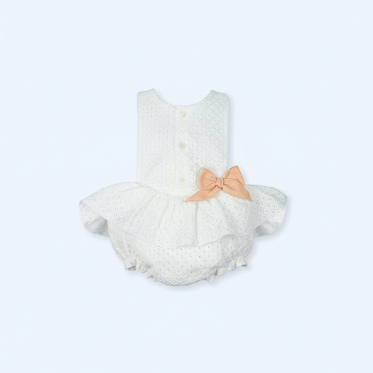 Mac Ilusión Perforado Girls White Romper with Peach Bow