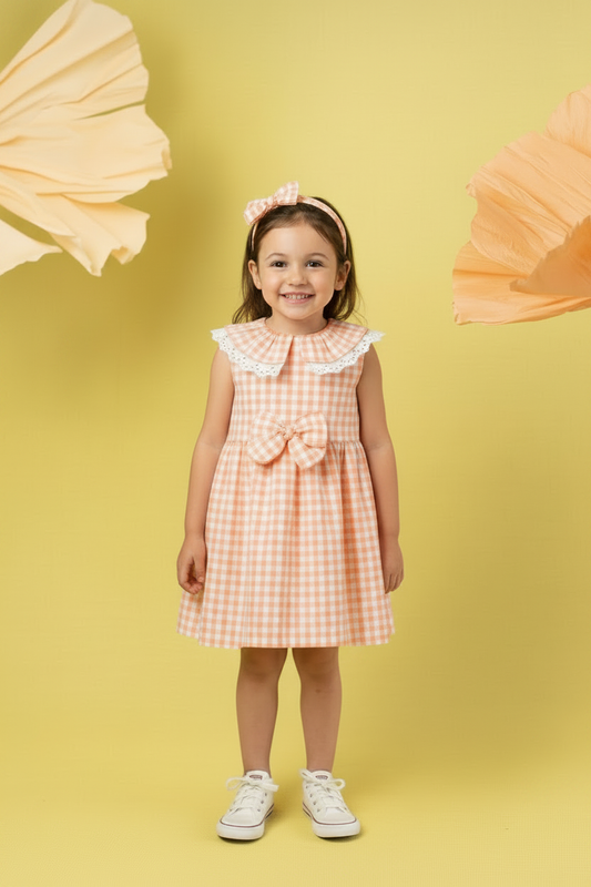 Basmarti Lola girls coral and white gingham dress 26241