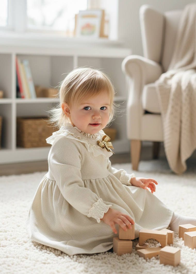 BASMARTI Herringbone Girls Cream & Beige Dress  Nios Y Nias